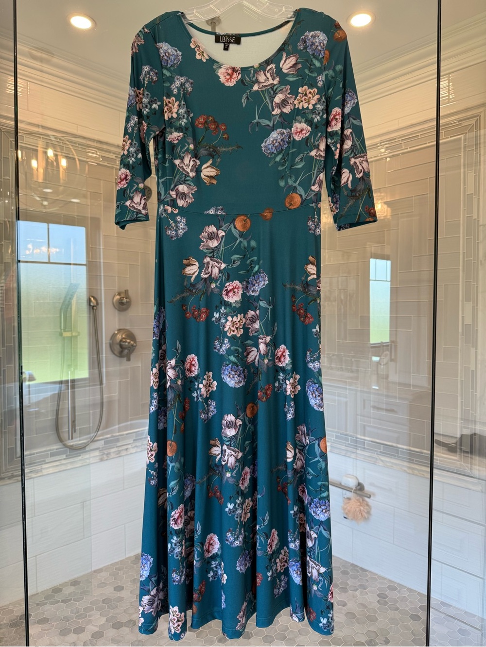 Lularoe Teal Floral Maxi Dress with Three-Quarter Sleeves